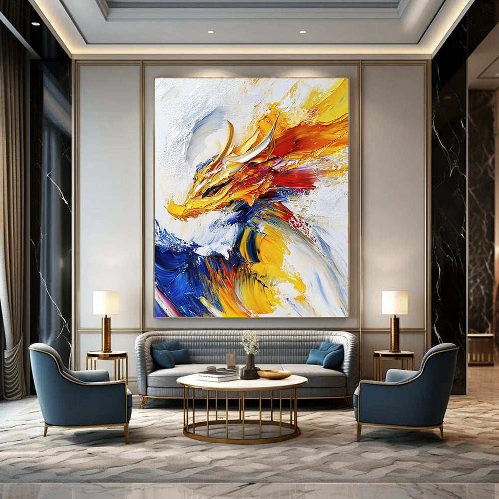 Contemporary abstract painting features an impasto technique with a powerful dragon soaring against a white background in vibrant yellows and blues. DLZ0525