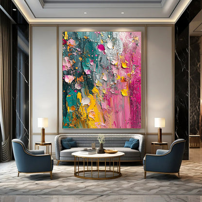 Contemporary hand-painted abstract artwork featuring vibrant colors and textured layers inspired by nature evoking the essence of springtime. DLZ1190