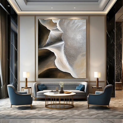 Large contemporary abstract artwork showcasing intricate sand dune patterns and contrasting rock formations with rich oil paint texture and minimalistic desert depth. DLZ1181