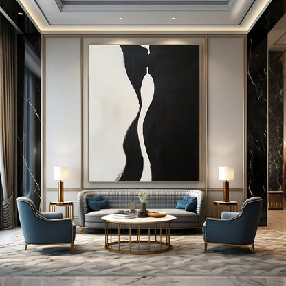 Contemporary hand-painted abstract artwork features two embracing figures with dynamic shapes and compelling negative space in a striking black and white composition. DLZ1543