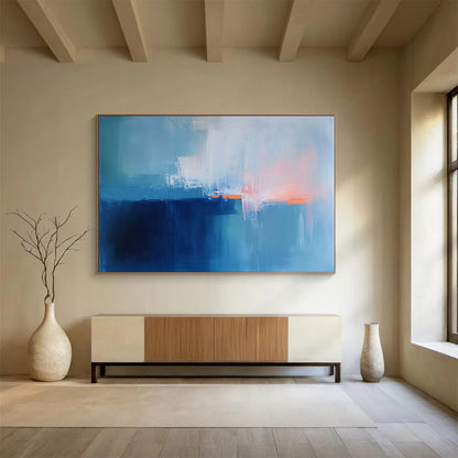 “Soft Blue - Orange Horizons” - Blue, Orange, White, Abstract Seascapes - Color - Field Acrylic Painting HB1520