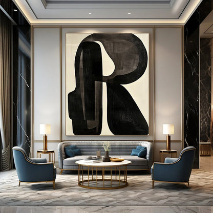 Contemporary abstract artwork featuring black and white shapes with a prominent letter R on a light gray background in the style of Jean Arp. DLZ0638