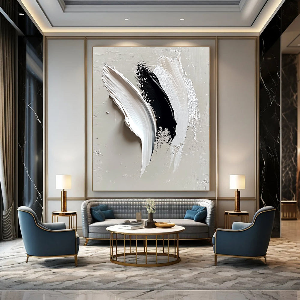 Contemporary abstract painting featuring minimalist white and black strokes on light gray, symbolizing an eagle's wing with a blend of elegance and strength. DLZ0664