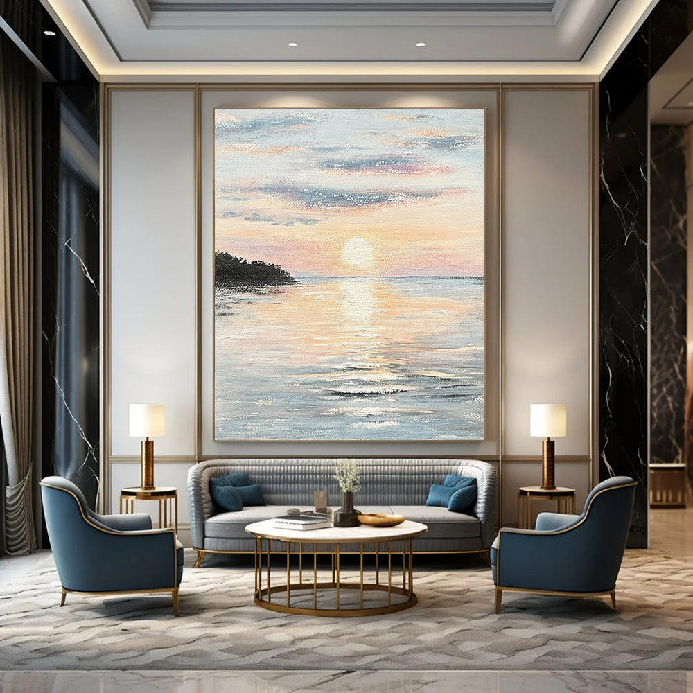 Contemporary hand-painted abstract artwork capturing serene coastal sunset hues reflecting on calm waters, evoking tranquility and peace. DLZ1458
