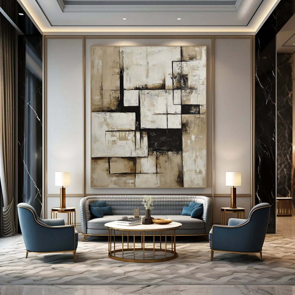 Contemporary hand-painted abstract art in neutral beige and white features geometric shapes and bold black accents for a striking visual impact. DLZ0849