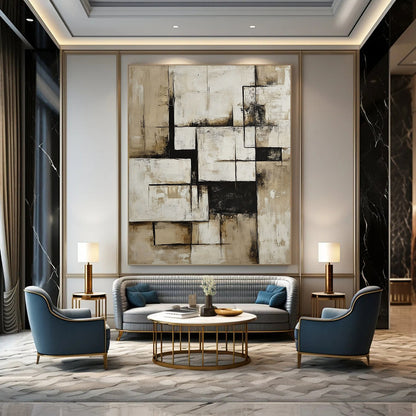 Contemporary hand-painted abstract art in neutral beige and white features geometric shapes and bold black accents for a striking visual impact. DLZ0849