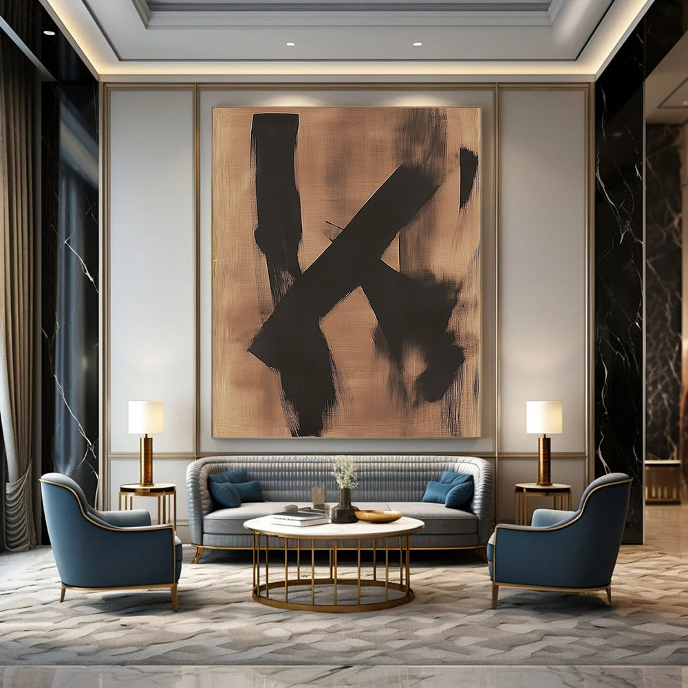 Contemporary hand-painted abstract artwork featuring two black shapes on a dreamy bronze background evoking a sense of melancholy. DLZ1423