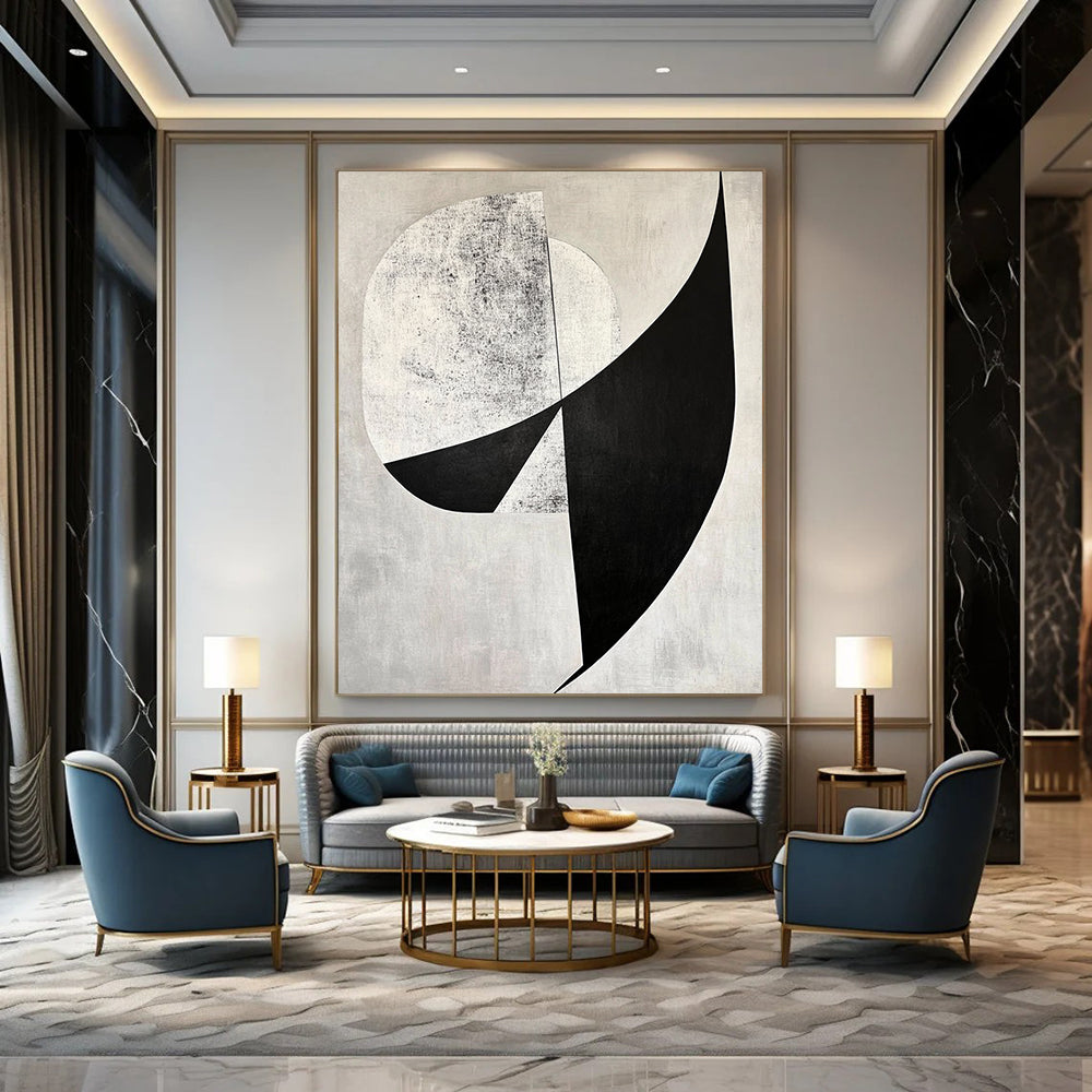 Contemporary abstract art features bold black and white shapes with diagonal cuts against a gray background and geometric figures adding depth. DLZ1400