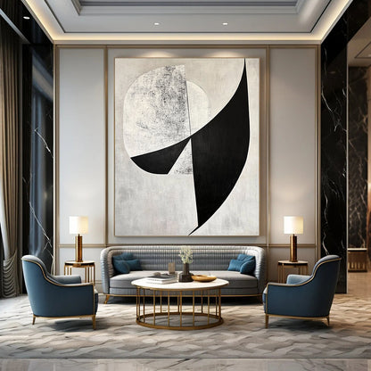 Contemporary abstract art features bold black and white shapes with diagonal cuts against a gray background and geometric figures adding depth. DLZ1400