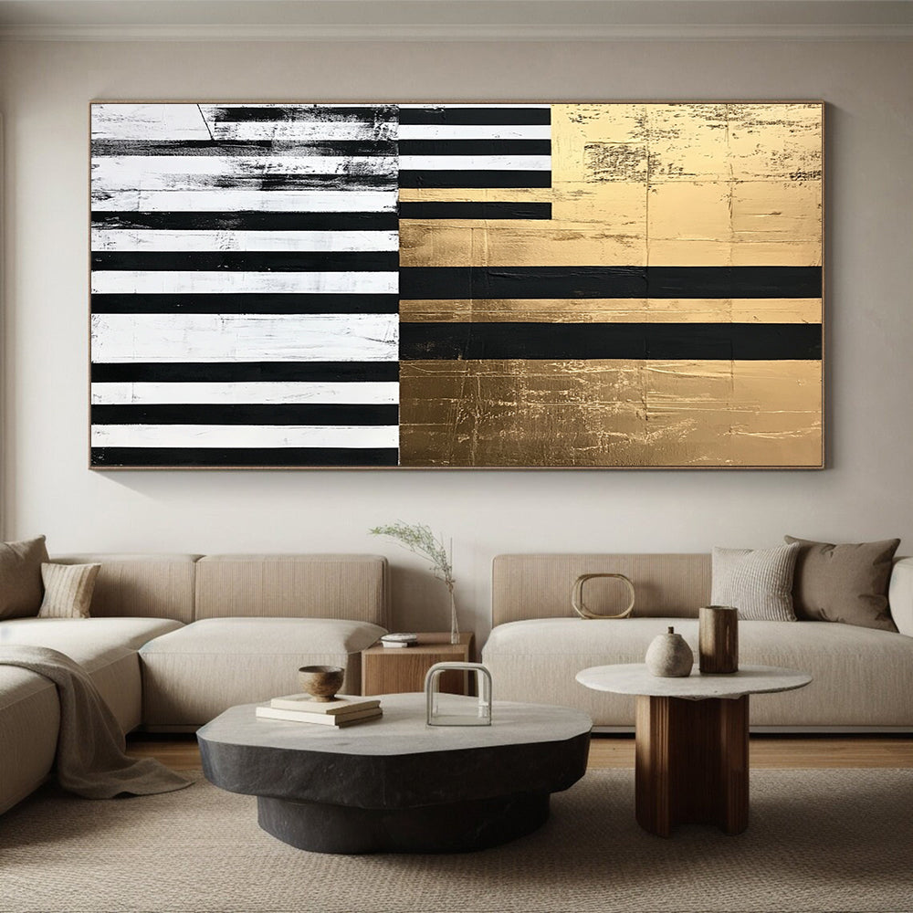 Black, White, Gold and Gray Geometric Abstraction "Elegant Stripes" Painting On Canvas HB402