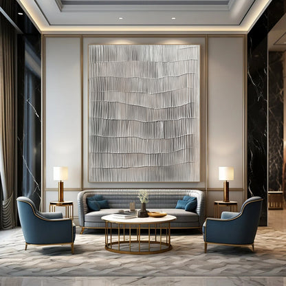 Contemporary hand-painted abstract art features textured gray vertical lines resembling wavy wood surfaces on a neutral gray background. DLZ1481
