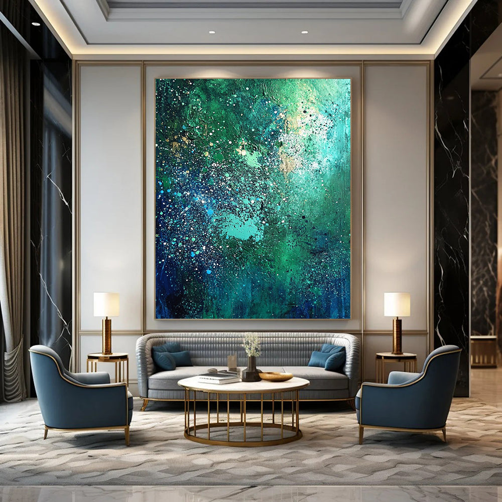 Contemporary abstract artwork in vibrant blues and greens adorned with white speckles and shimmering stars, perfect for elevating any space. DLZ0530