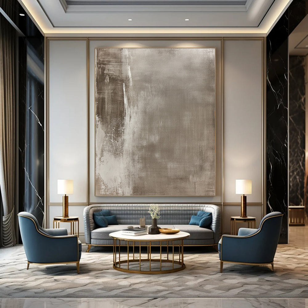 Contemporary hand-painted abstract art featuring aged canvas with muted tones and urban-inspired motifs, showcasing texture and unique character. DLZ1169