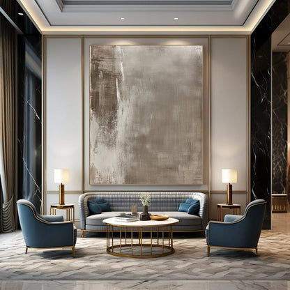 Contemporary hand-painted abstract art featuring aged canvas with muted tones and urban-inspired motifs, showcasing texture and unique character. DLZ1169