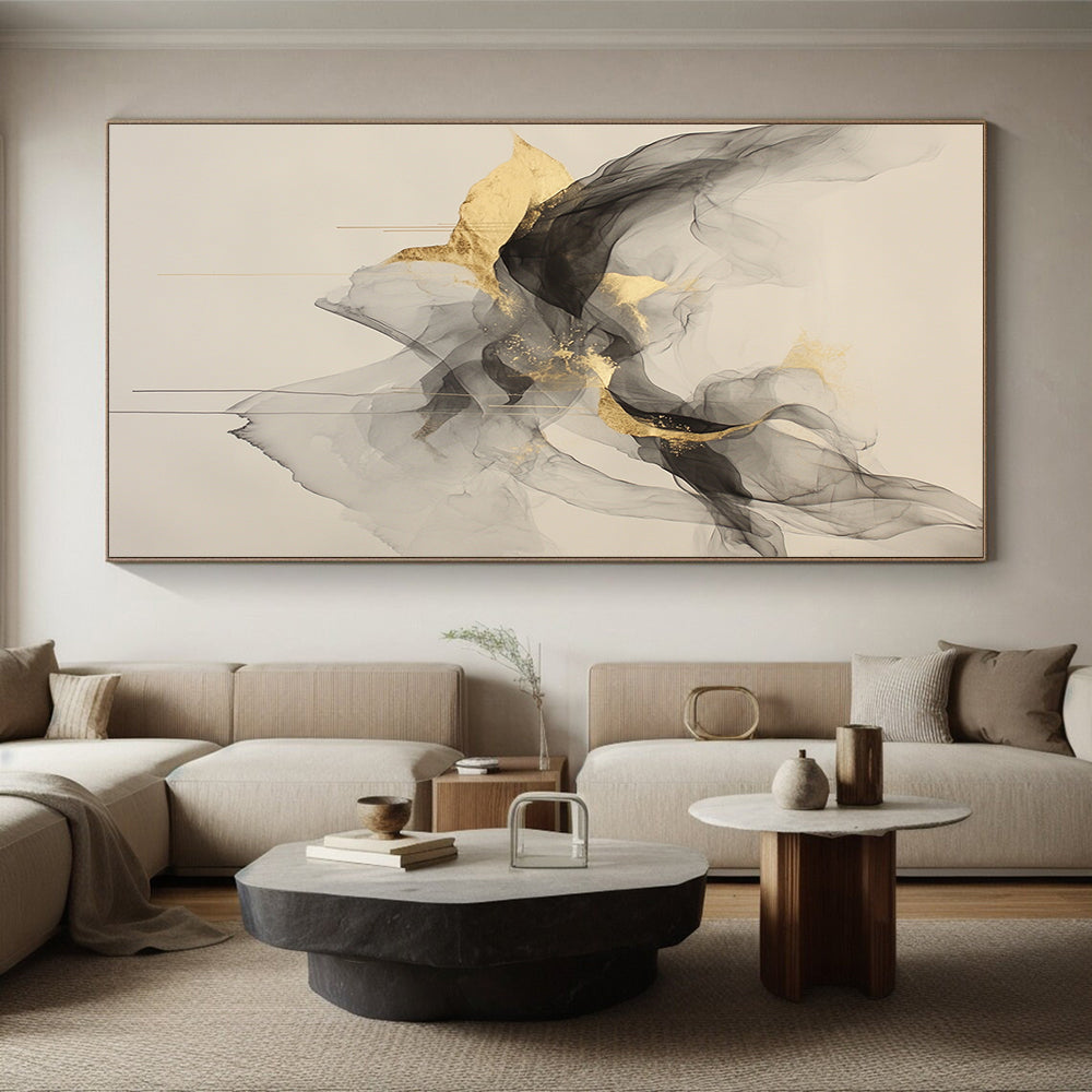 Beige, Gray, Gold, Flowing Shapes "Ethereal Elegance" Abstract Painting On Canvas HB025