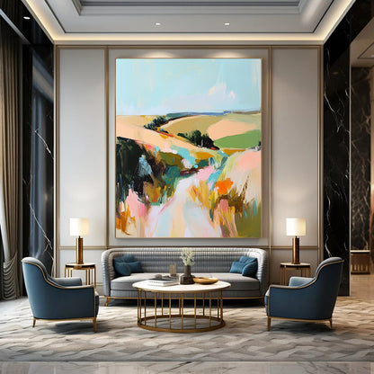 Contemporary abstract landscape painting featuring thick paint application and vibrant muted colors capturing rolling fields and hills under a serene sky. DLZ0455