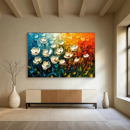 Textured White Flowers in Colorful Background – Impasto Abstract Acrylic Floral Painting HB1474