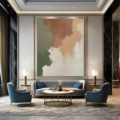 Contemporary abstract artwork featuring an irregular blend of beige, brown, and green on an off-white wall, perfect for modern decor. DLZ1197