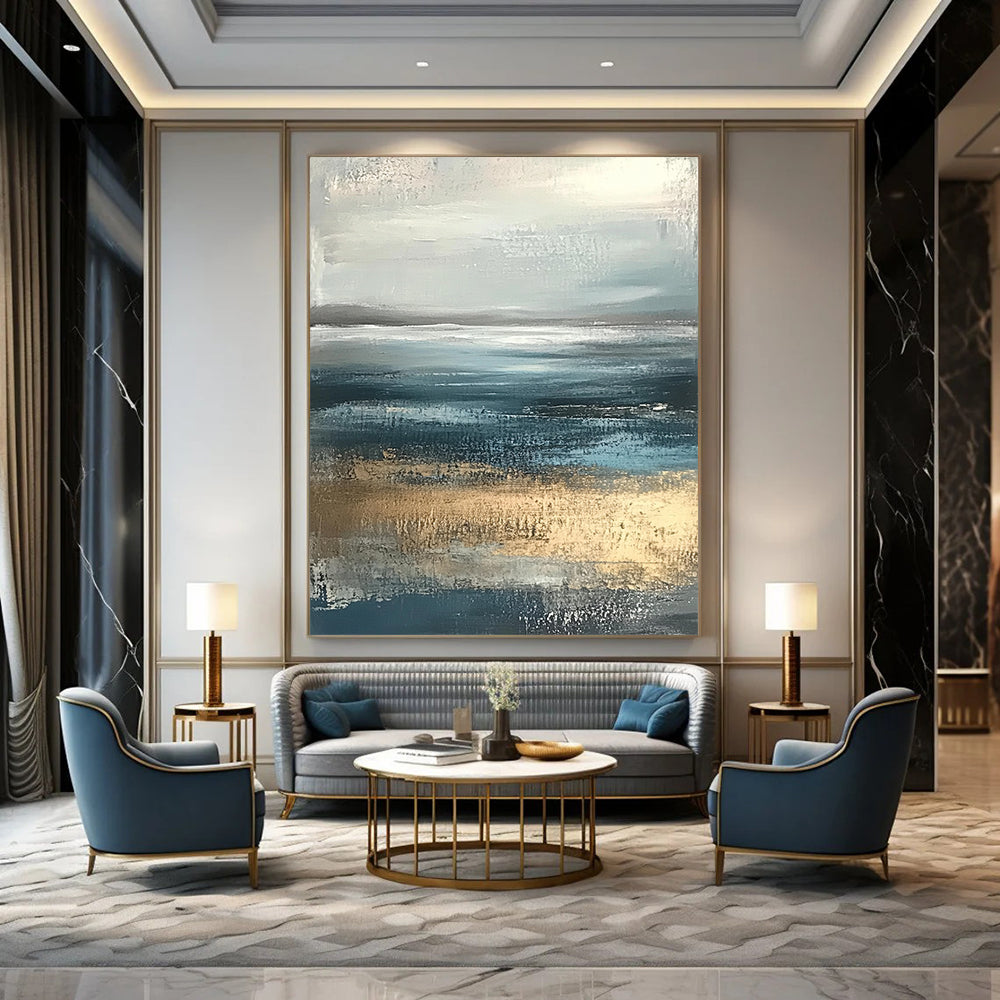 Contemporary hand-painted abstract artwork featuring soft edges in neutral colors with calming blue and gray tones of the sea and sky. DLZ0789