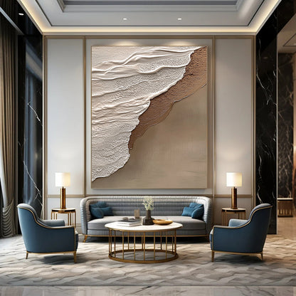Contemporary hand-painted abstract art features beige and gray tones, evoking tranquility and harmony with a natural beach scene in the background. DLZ1212