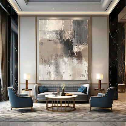 Contemporary hand-painted abstract art features beige and white brushstrokes on a textured gray background for a dreamy rustic charm. DLZ1133