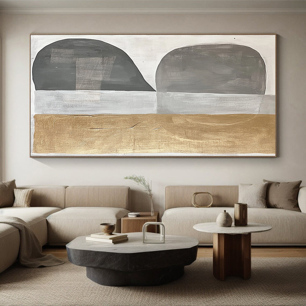 Gray, Silver, Gold and White Geometric Abstraction "Minimalist Geometry" Painting On Canvas HB396