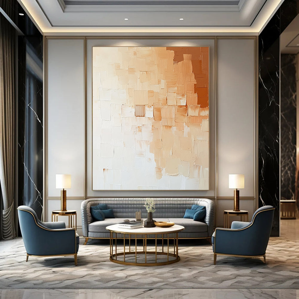 Contemporary abstract painting featuring thick impasto strokes in neutral tones, capturing a minimalist brick wall in elegant beige, white, and light orange hues. DLZ1198