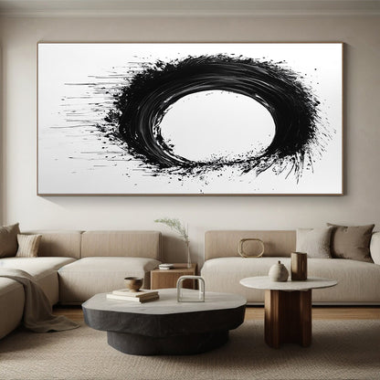 Black and White Splattered Circle "Energetic Enso" Painting On Canvas HB259