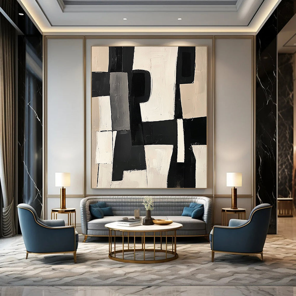 Large contemporary hand-painted abstract artwork featuring black and white shapes with bold brush strokes on a beige background in a modern cubist style. DLZ1409