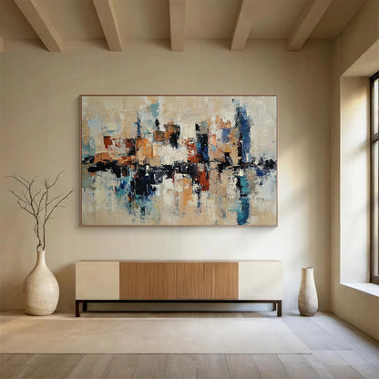“Cityscape Abstract” - Beige, Blue, Brown, White with Reflective Shapes - Painting On Canvas HB1393