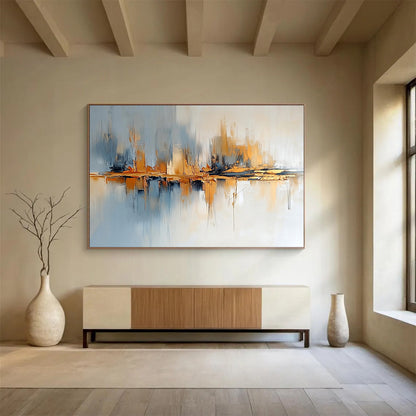 “Abstract Cityscape with Reflection” - Gray, blue, gold; Abstract cityscape with reflective elements; Acrylic Painting On Canvas HB1243