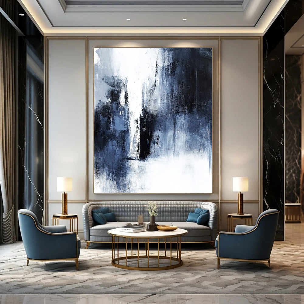 Contemporary abstract painting features dark gray and white tones, minimalist style, heavy textures, and emotional depth, showcasing a distant waterfall. DLZ0704