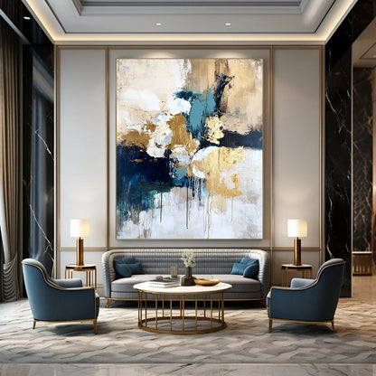 Contemporary hand-painted abstract art on textured canvas with gold foil highlights in cream white and blue creating a romantic atmosphere with vibrant earthy tones. DLZ1009