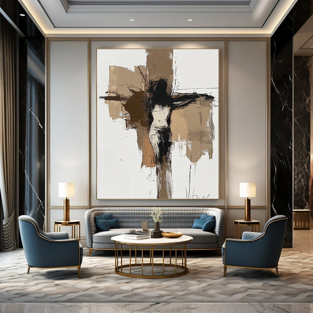Contemporary abstract painting featuring earthy tones with a minimalist depiction of Jesus on the cross on a white background. DLZ0872