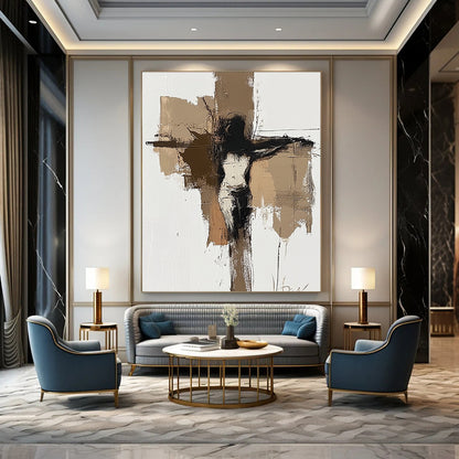 Contemporary abstract painting featuring earthy tones with a minimalist depiction of Jesus on the cross on a white background. DLZ0872