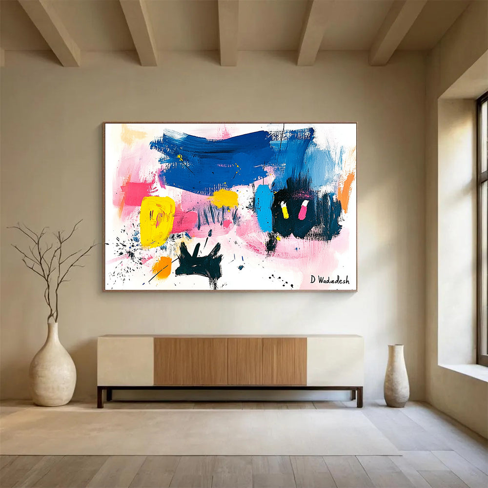 “Colorful Abstract with Black Silhouettes” - Colorful Palette, Black Shapes Painting On Canvas HB0873