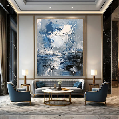 Contemporary abstract painting featuring a dynamic grey and blue stormy sky with a central white sun illuminating the reflective water below using thick impasto strokes. DLZ0600
