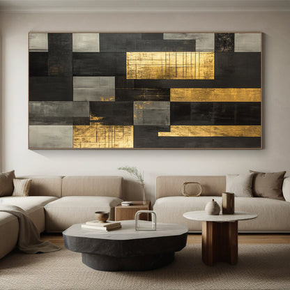 Black, Gray, Gold with Grid Patterns "Structured Glow" Abstract Painting On Canvas HB008