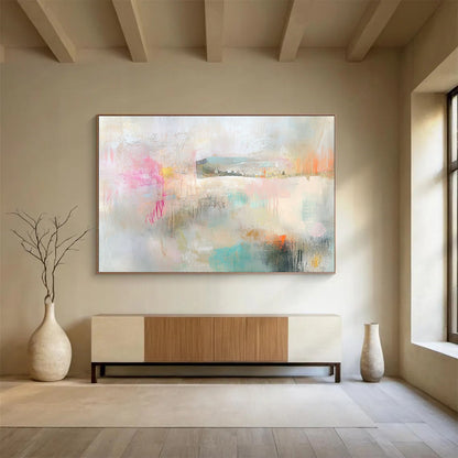 “Soft Pastel Abstract Landscape” - Pastel Pink, Blue, Green, Beige with Hazy Forms - Painting On Canvas HB1376