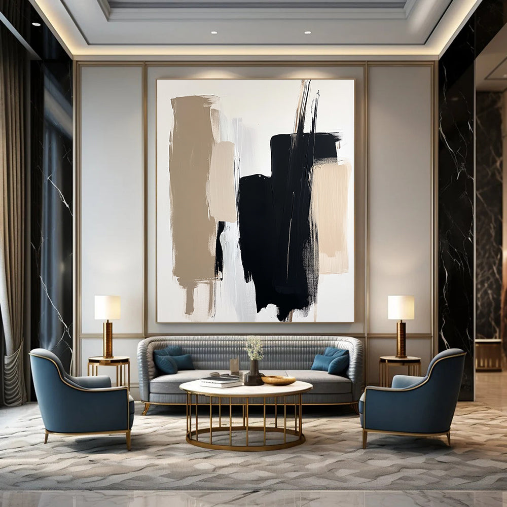 Contemporary abstract painting with minimalist composition showcasing black and beige brushstrokes on a white background featuring a blurred figure in soft lighting. DLZ0713