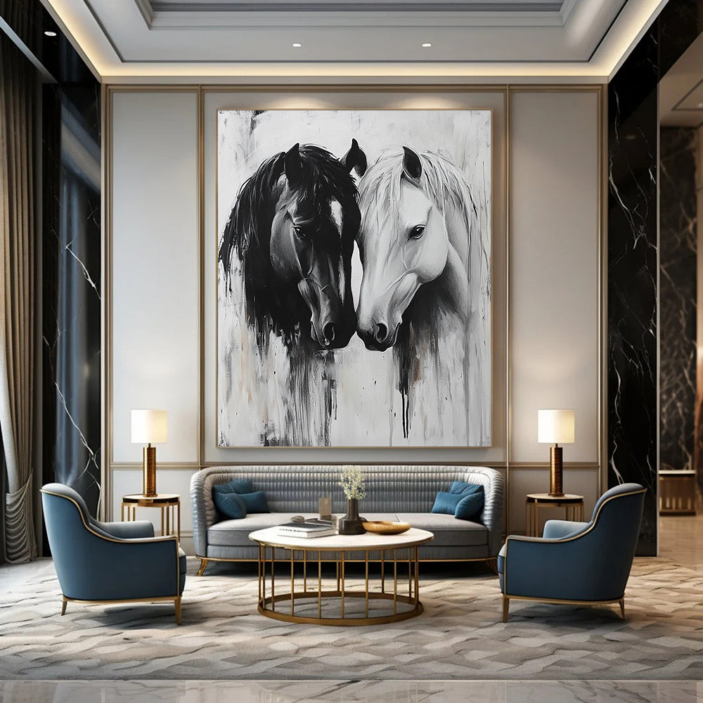 Contemporary abstract art captures two horses in a tender gaze, their connection conveyed through soft brushstrokes and intricate textures, emphasizing emotional bonds. DLZ1146