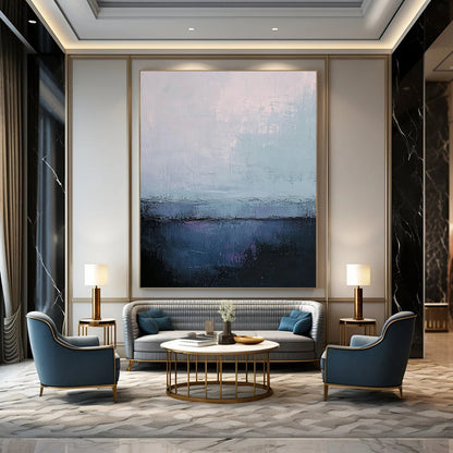 Contemporary abstract art featuring muted gray and blue tones with soft edges and textured contrasts in a large canvas format. DLZ0402