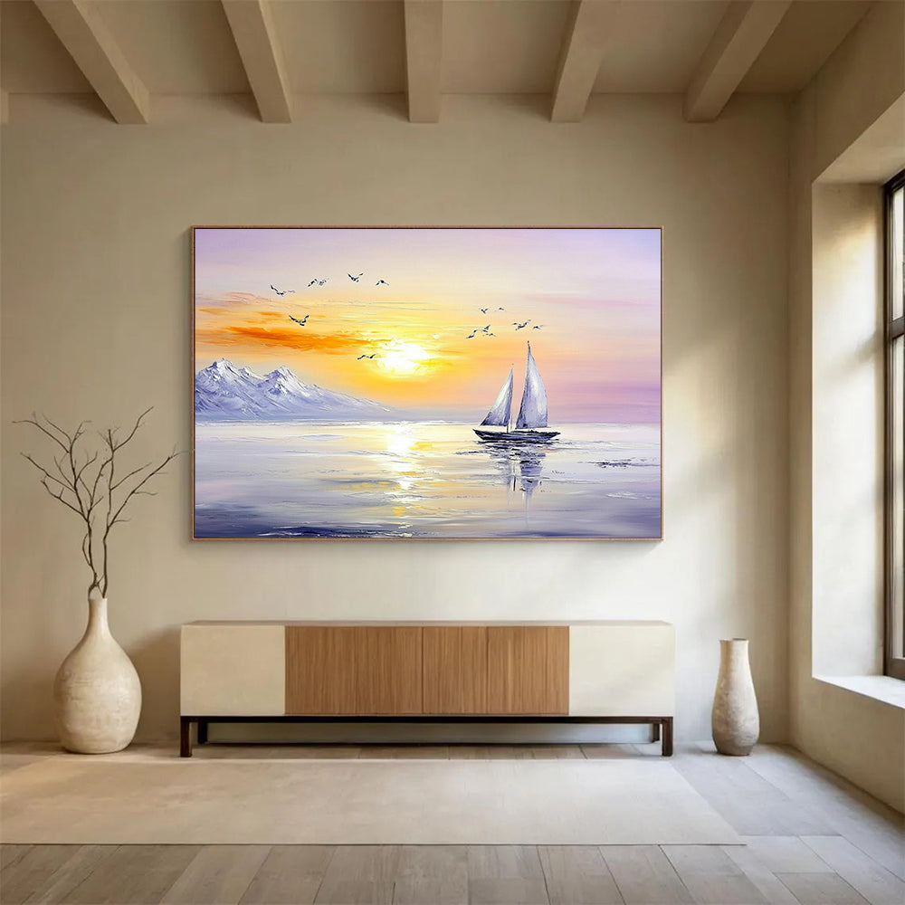 “Sailboat Under Mountain Sunset” - Oranges, Yellows, Purples, Sailboat, Mountains, Birds - Impasto Oil Painting HB1736