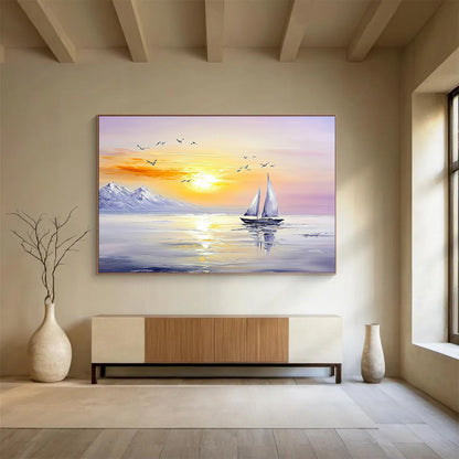 “Sailboat Under Mountain Sunset” - Oranges, Yellows, Purples, Sailboat, Mountains, Birds - Impasto Oil Painting HB1736