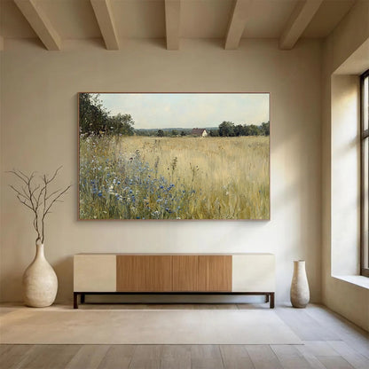 “Rustic Field with Cottage” - Serene field of gold with blue flowers and a distant cottage, Realist Landscape Painting On Canvas HB0544
