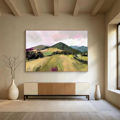“Expressive Color - Blocked Hills” - Green, Pink, Purple, Abstracted Nature Scene - Gouache Painting HB1658