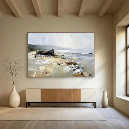 “Beached Boat Impasto Scene” - Browns, Grays, Whites, Boat on Beach - Textured Oil Painting HB1589