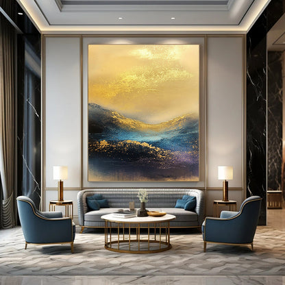 Contemporary abstract painting featuring waves of golden and blue hues, atmospheric textures, ideal for modern decor. DLZ0421