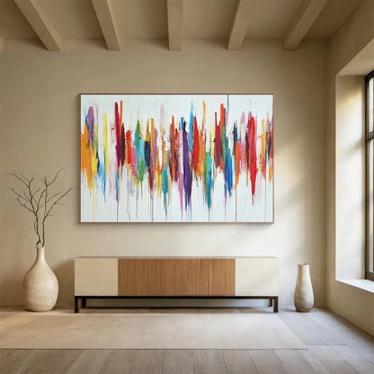 “Color Cascade” - Rainbow - like reds, oranges, yellows, greens, blues, purples; Vertical, dripping color strokes; Abstract Expressionist Painting On Canvas HB1153