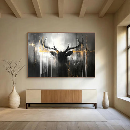 “Mystic Stag” - Dark grays, blacks, striking golds; Abstract stag head, dripping lines; Contemporary Animal Painting On Canvas HB1152